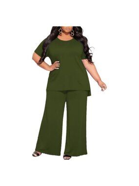 Plus Size 2 Piece Lounge Set Short Sleeve Top Wide Leg Pant Pockets